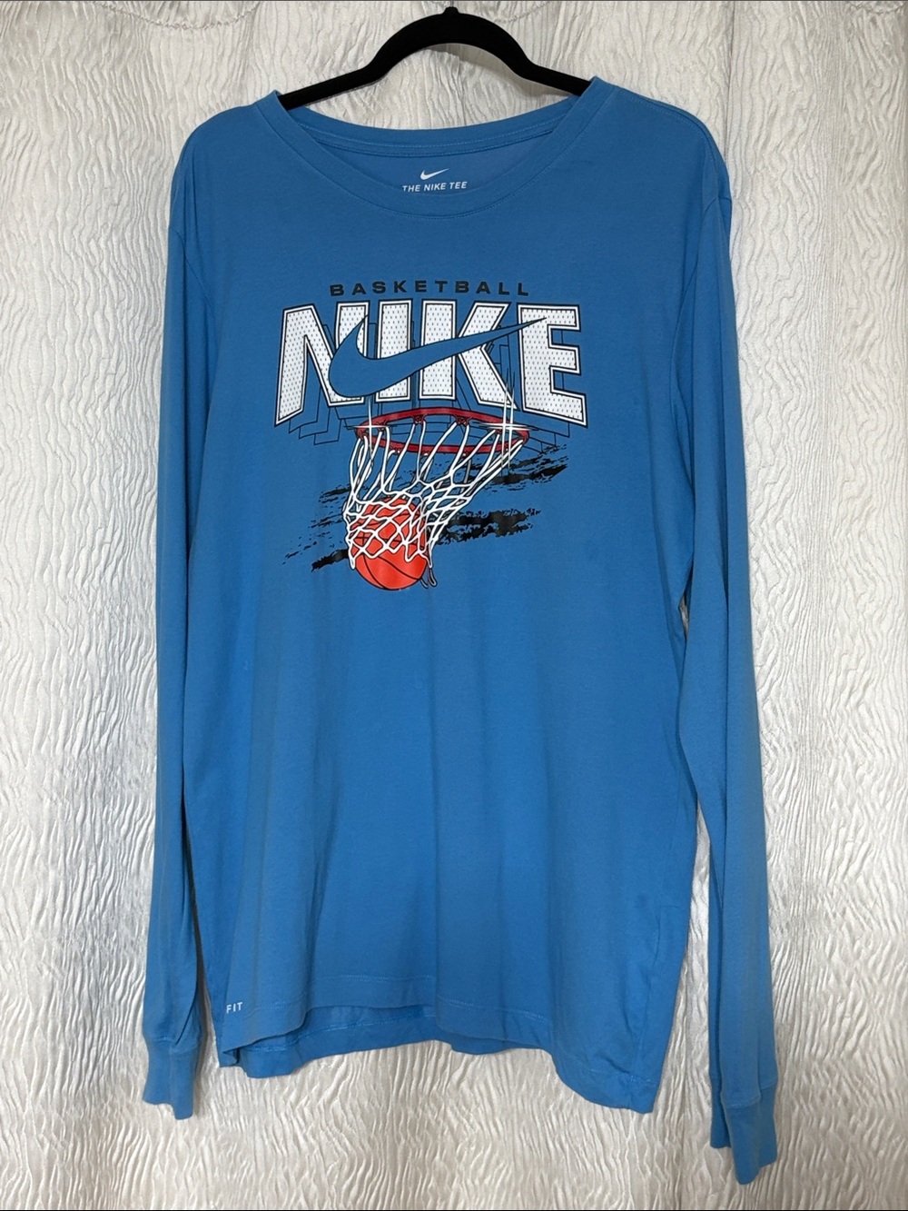 Nike Blue Long Sleeve Basketball Graphic Tee with Red Accent